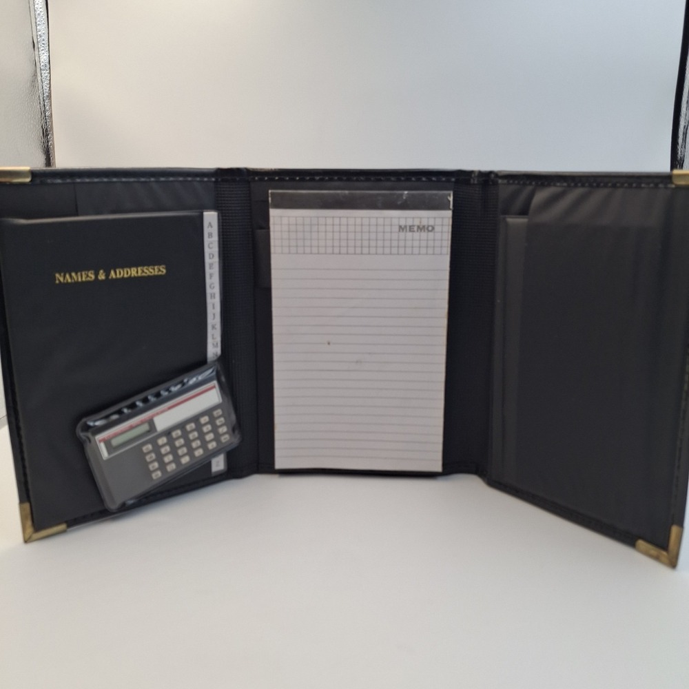 Vintage Genuine Eel Skin Leather Trifold Organizer Portfolio Calculator Black 9"